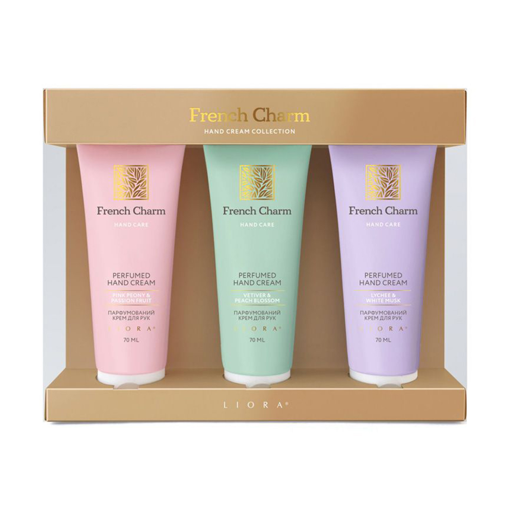 Набір кремів для рук Liora French Charm (Pink Peony &amp; Passion Fruit, 70 мл + Vetiver &amp; Peach Blossom, 70 мл + Lychee &amp; White Musk, 70 мл